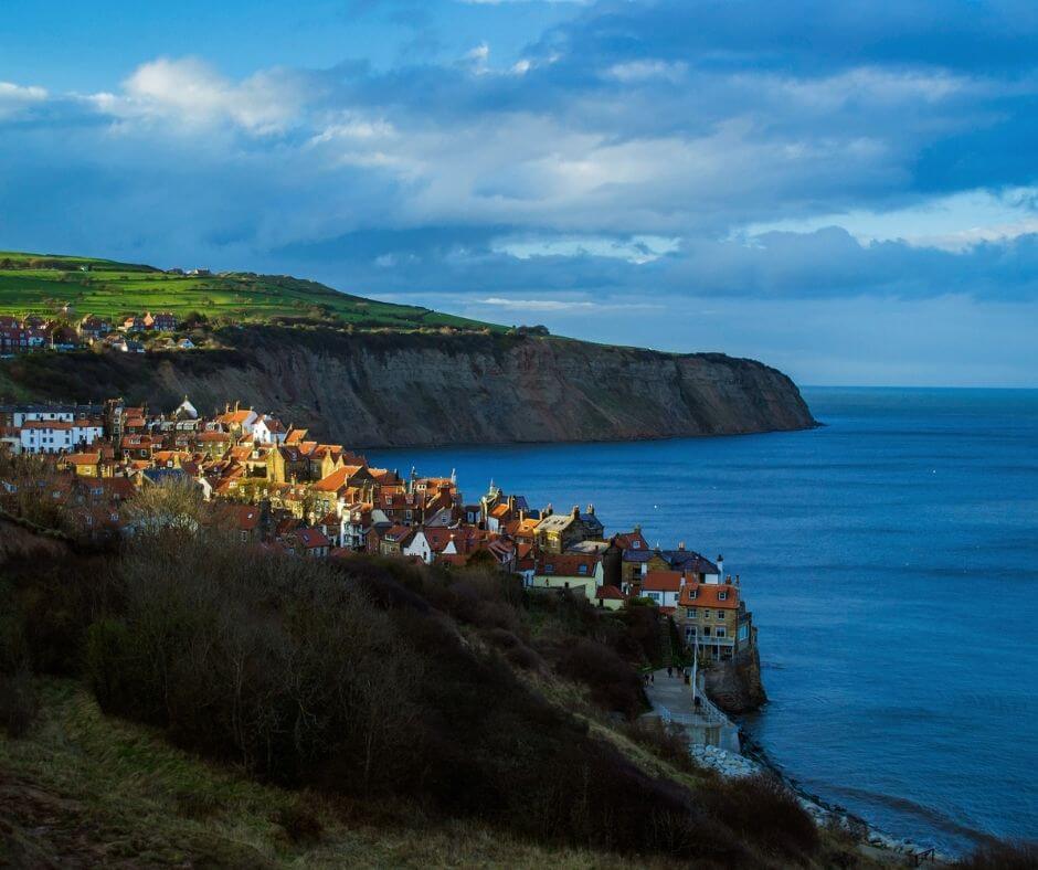 View of Robin hoods bay in the evening light