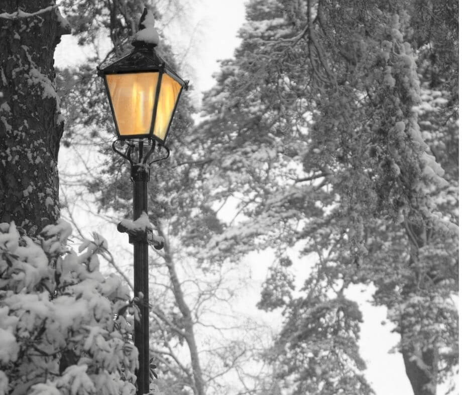 Lampost in snowy woods - november - wheel of the year